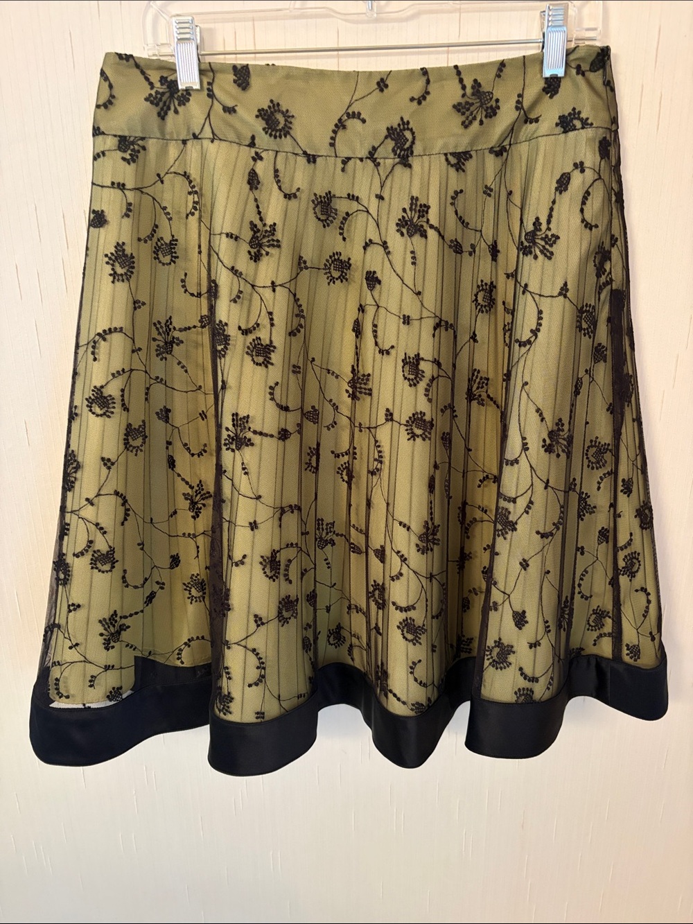 Kay Unger Chartreuse Circle Skirt with Black Floral Overlay